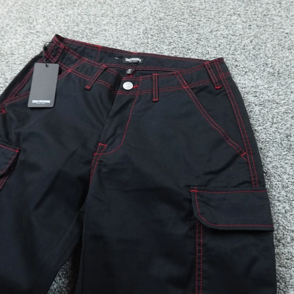 NEW True Religion Pants Mens 30X32 Black Cargo Red Contrast Stitch Flap Pockets